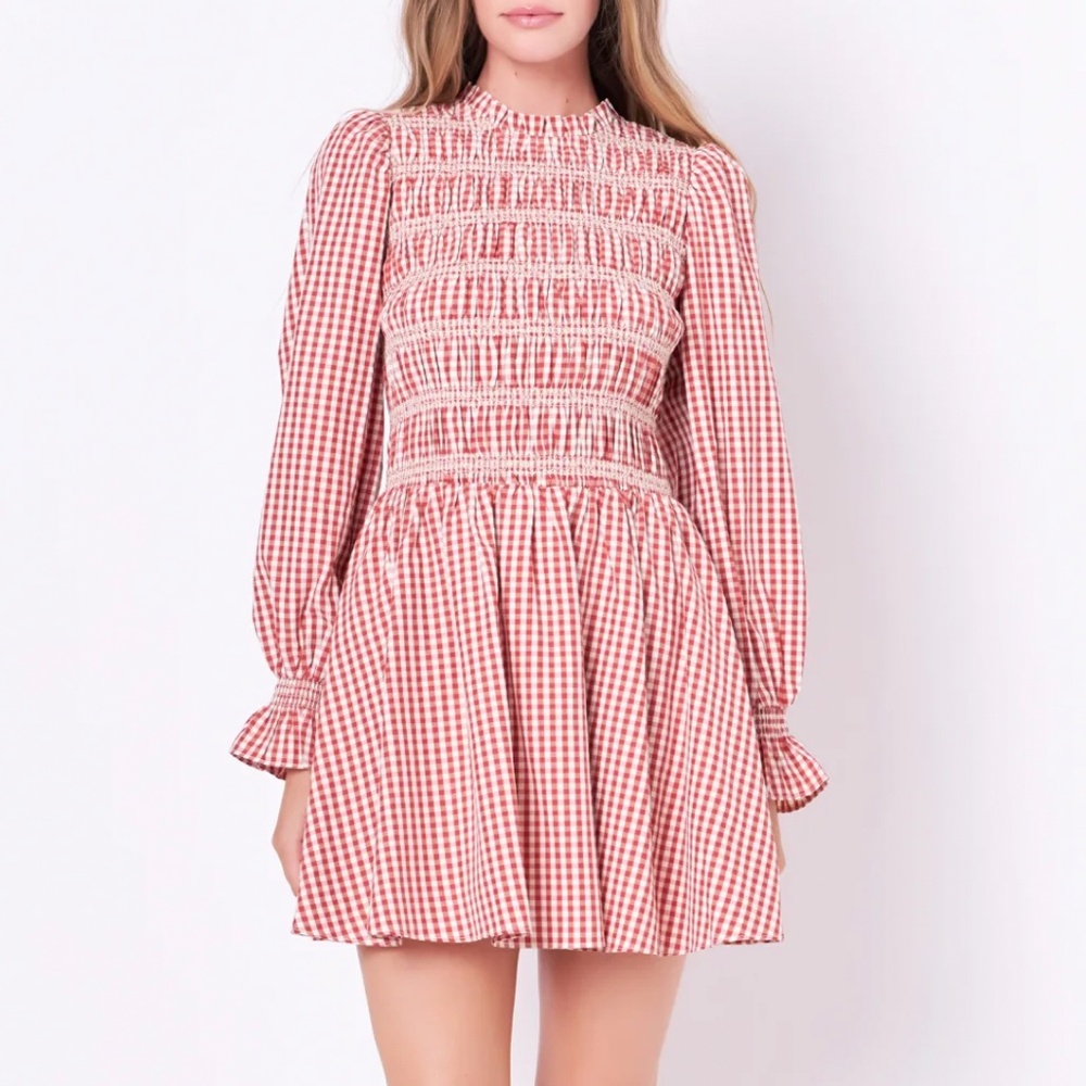 English Factory LONG SLEEVE GINGHAM MINI DRESS S